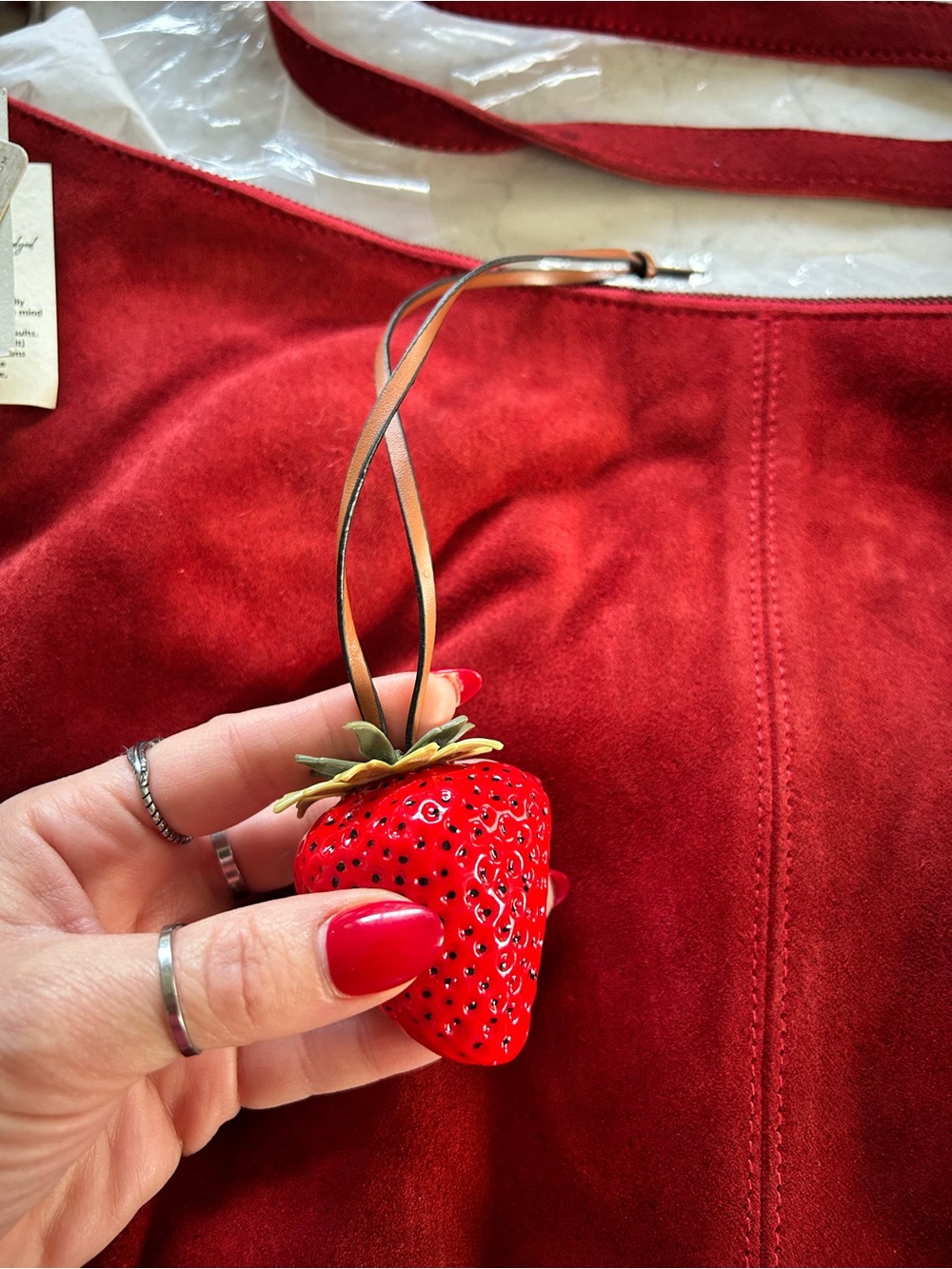 🍓NWT Free People Suede Roma Tote in Garnet With Included Strawberry Bag Charm - Picture 8 of 11